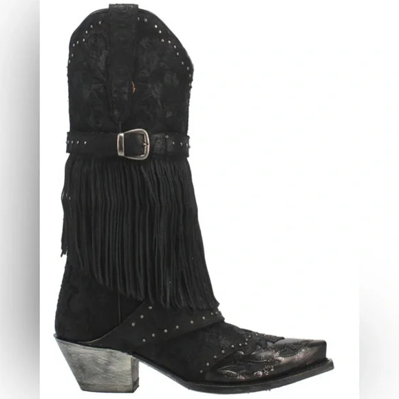 Dan Post Bed Of Roses Leather Boots DP4047-BLACK-FRINGE Size 6.5 LNC - Picture 3 of 11